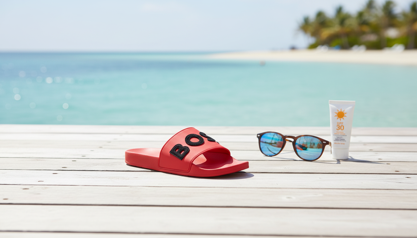 Boss White & Red Rubber Sole Slides for Summer Comfort